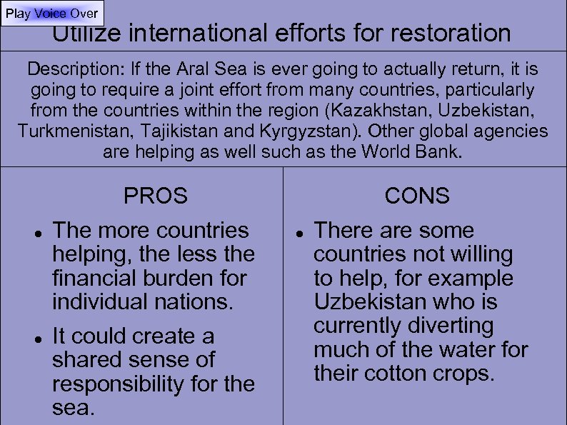 Play Voice Over Utilize international efforts for restoration Description: If the Aral Sea is