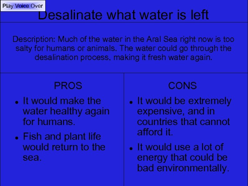 Play Voice Over Desalinate what water is left Description: Much of the water in