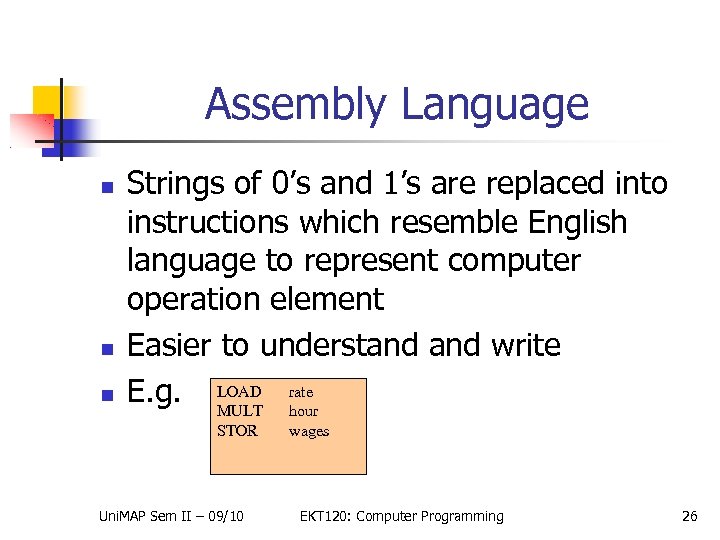 Assembly Language Strings of 0’s and 1’s are replaced into instructions which resemble English