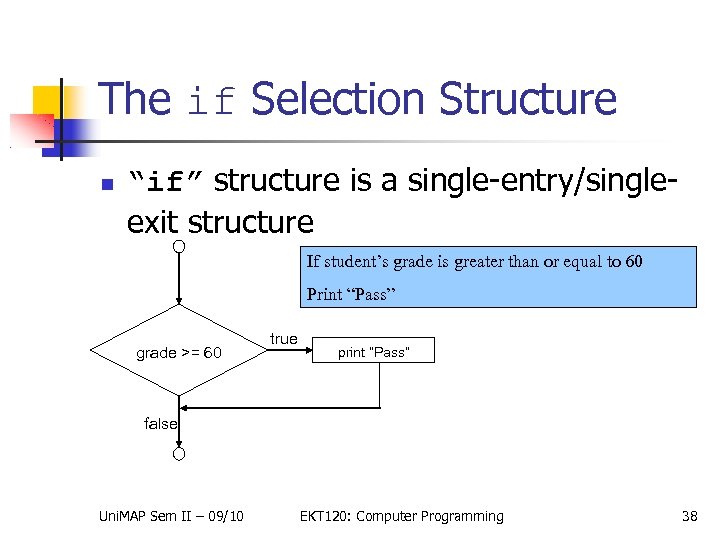 The if Selection Structure “if” structure is a single-entry/singleexit structure If student’s grade is
