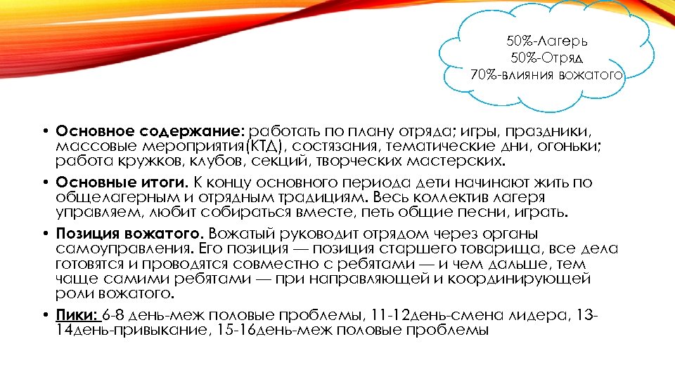 50% Лагерь 50% Отряд 70% влияния вожатого • Основное содержание: работать по плану отряда;