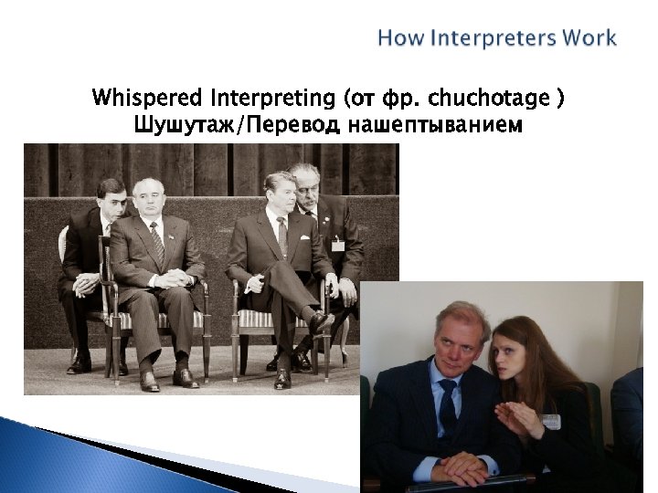 Whispered Interpreting (от фр. chuchotage ) Шушутаж/Перевод нашептыванием 