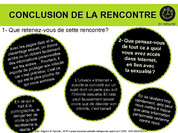 CONCLUSION DE LA RENCONTRE 10 minutes 1 - Que retenez-vous de cette rencontre? et