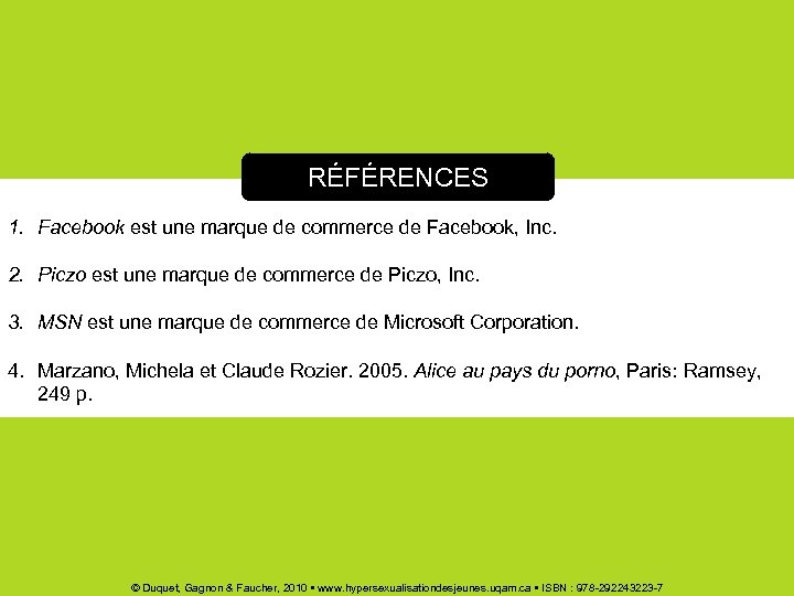 RÉFÉRENCES 1. Facebook est une marque de commerce de Facebook, Inc. 2. Piczo est