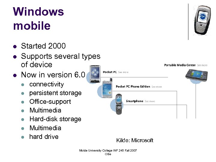 Windows mobile l l l Started 2000 Supports several types of device Now in