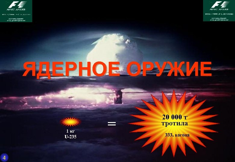 ЯДЕРНОЕ ОРУЖИЕ 1 кг U-235 4 = 20 000 т тротила 333. вагона 