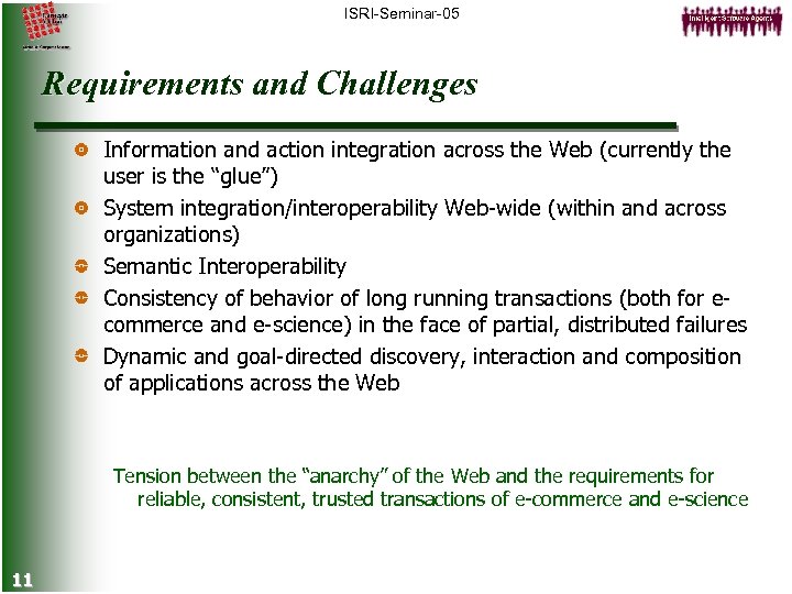 ISRI-Seminar-05 Requirements and Challenges Information and action integration across the Web (currently the user