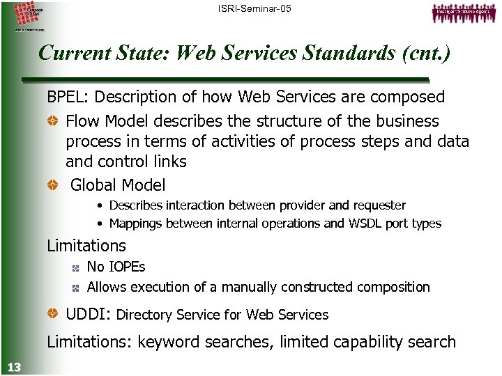 ISRI-Seminar-05 Current State: Web Services Standards (cnt. ) BPEL: Description of how Web Services
