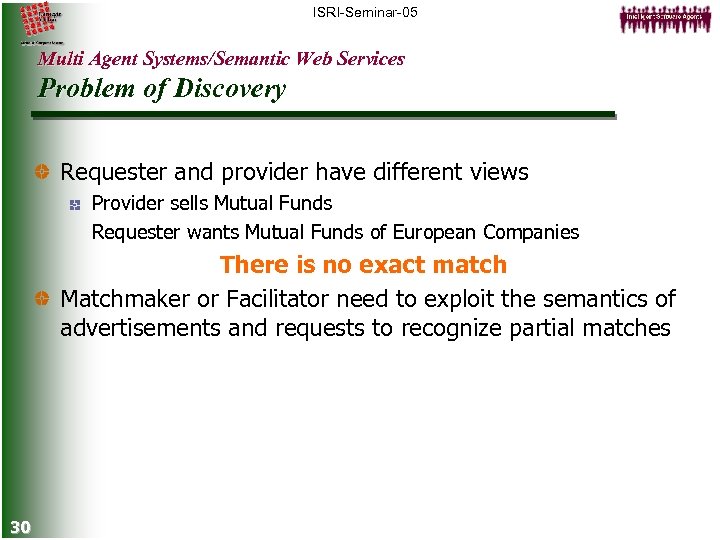 ISRI-Seminar-05 Multi Agent Systems/Semantic Web Services Problem of Discovery Requester and provider have different