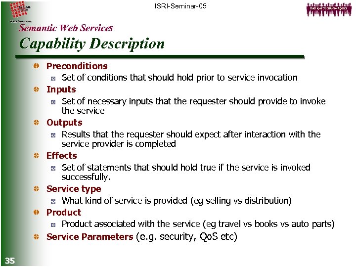 ISRI-Seminar-05 Semantic Web Services Capability Description Preconditions Set of conditions that should hold prior