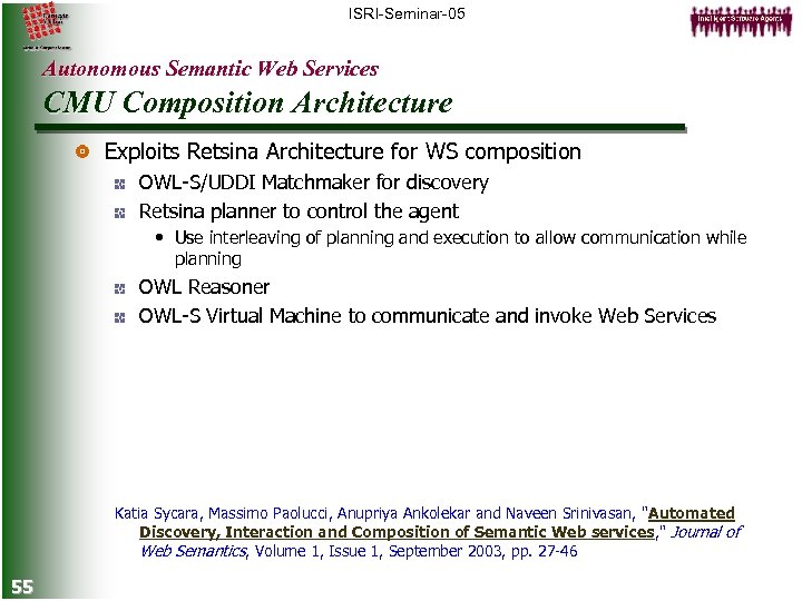 ISRI-Seminar-05 Autonomous Semantic Web Services CMU Composition Architecture Exploits Retsina Architecture for WS composition