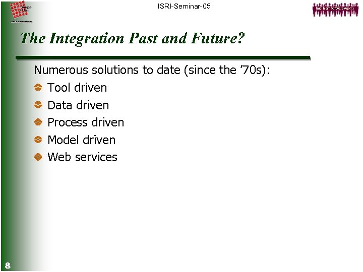 ISRI-Seminar-05 The Integration Past and Future? Numerous solutions to date (since the ’ 70