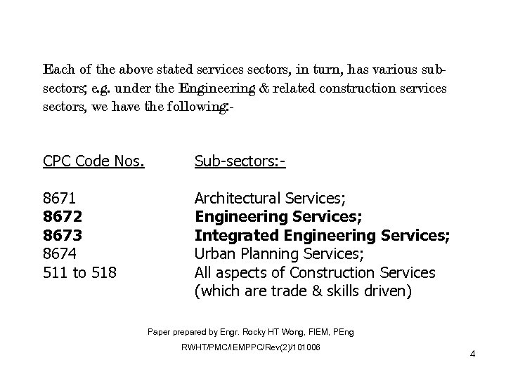 Each of the above stated services sectors, in turn, has various subsectors; e. g.