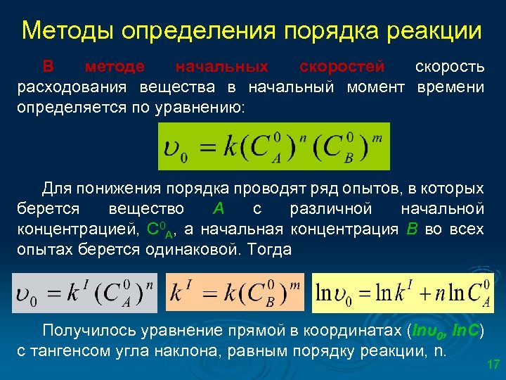 Методы определения порядка реакции В методе начальных скоростей скорость расходования вещества в начальный момент
