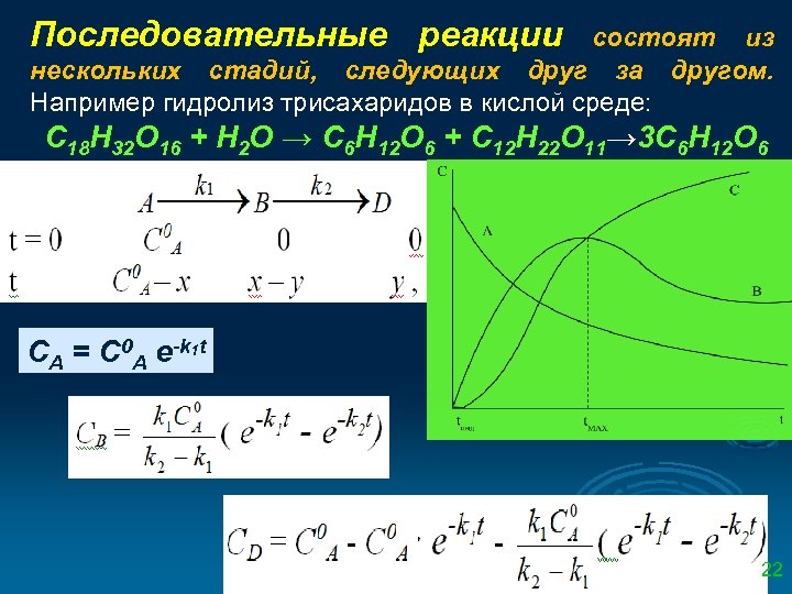 Последовательные реакции состоят из нескольких стадий, следующих друг за другом. Например гидролиз трисахаридов в