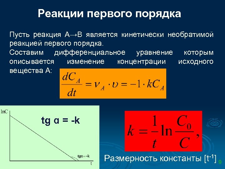 Реакции первого порядка Пусть реакция А→В является кинетически необратимой реакцией первого порядка. Составим дифференциальное