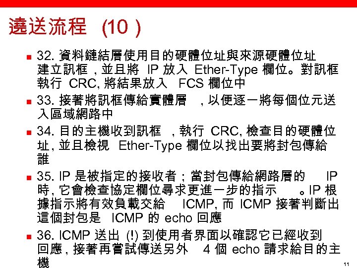 遶送流程 （ 10） n n n 32. 資料鏈結層使用目的硬體位址與來源硬體位址 建立訊框 , 並且將 IP 放入 Ether-Type