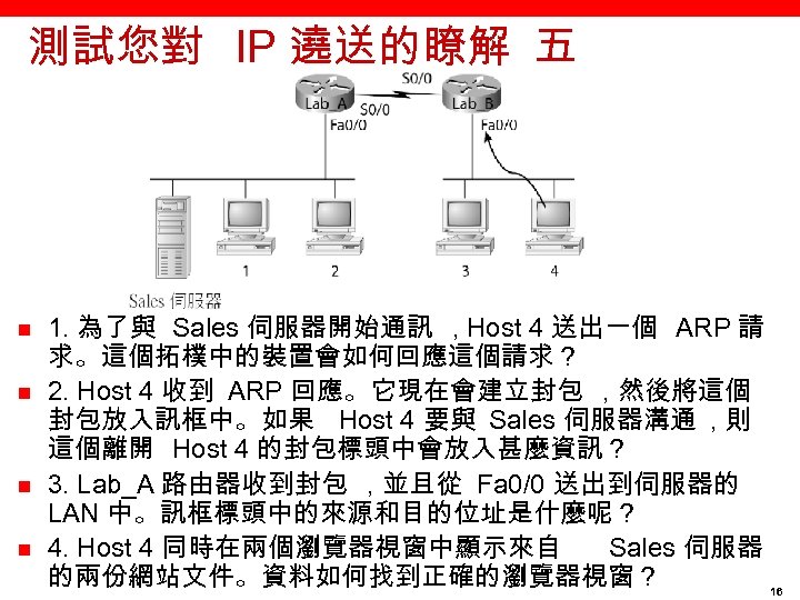 測試您對 IP 遶送的瞭解 五 n n 1. 為了與 Sales 伺服器開始通訊 , Host 4 送出一個