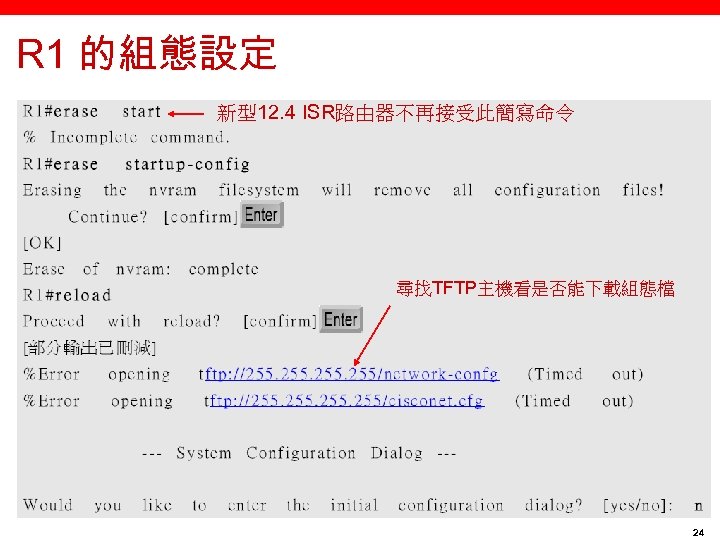 R 1 的組態設定 新型12. 4 ISR路由器不再接受此簡寫命令 尋找TFTP主機看是否能下載組態檔 24 