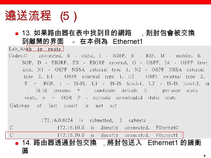 遶送流程 （ 5） n n 13. 如果路由器在表中找到目的網路 , 則封包會被交換 到離開的界面 － 在本例為 Ethernet 1