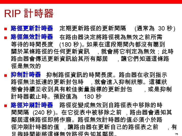 RIP 計時器 n n 路徑更新計時器 定期更新路徑的更新間隔 (通常為 30 秒 ) 路徑無效計時器 在路由器決定將路徑視為無效之前所需 等待的時間長度 (180