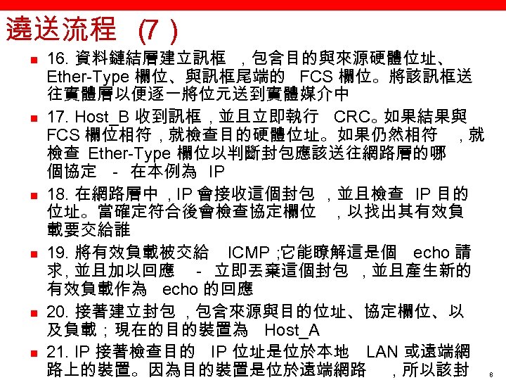 遶送流程 （ 7） n n n 16. 資料鏈結層建立訊框 , 包含目的與來源硬體位址、 Ether-Type 欄位、與訊框尾端的 FCS 欄位。將該訊框送