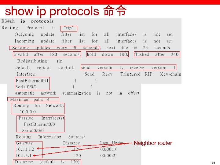 show ip protocols 命令 Neighbor router 86 