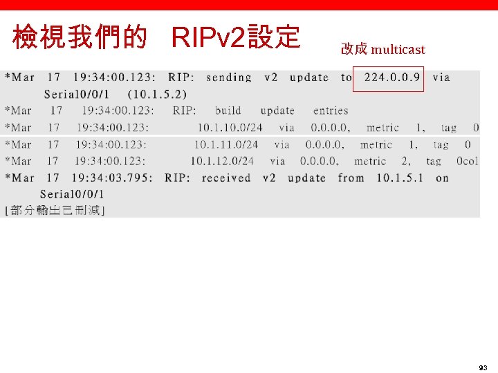 檢視我們的 RIPv 2設定 改成 multicast 93 