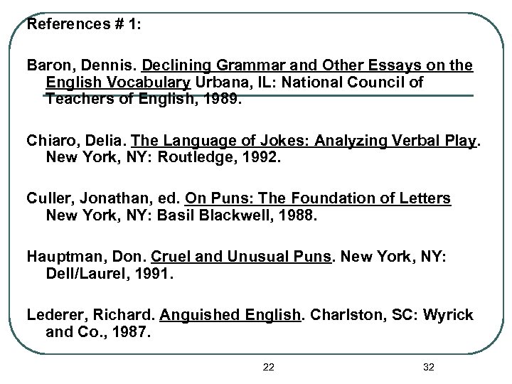 References # 1: Baron, Dennis. Declining Grammar and Other Essays on the English Vocabulary