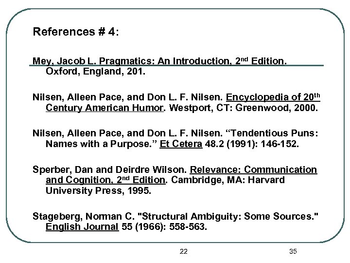 References # 4: Mey, Jacob L. Pragmatics: An Introduction, 2 nd Edition. Oxford, England,