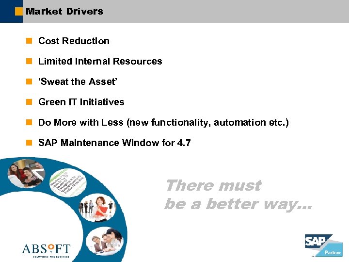 Market Drivers n Cost Reduction n Limited Internal Resources n ‘Sweat the Asset’ n