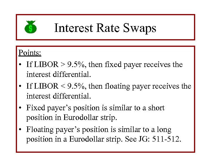 Interest Rate Swaps Points: • If LIBOR > 9. 5%, then fixed payer receives