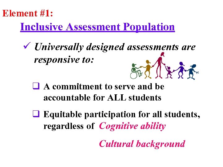 Element #1: Inclusive Assessment Population ü Universally designed assessments are responsive to: q A