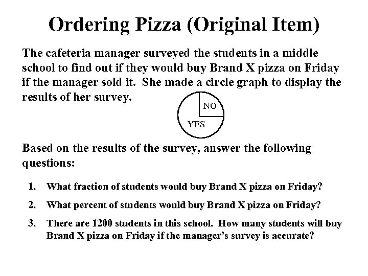 Ordering Pizza (Original Item) The cafeteria manager surveyed the students in a middle school