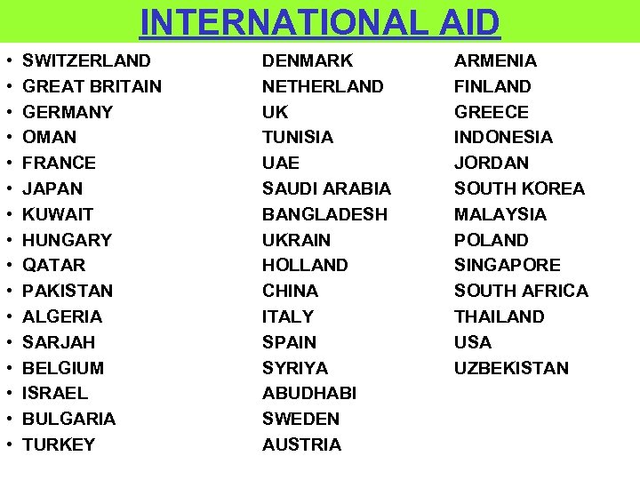 INTERNATIONAL AID • • • • SWITZERLAND GREAT BRITAIN GERMANY OMAN FRANCE JAPAN KUWAIT