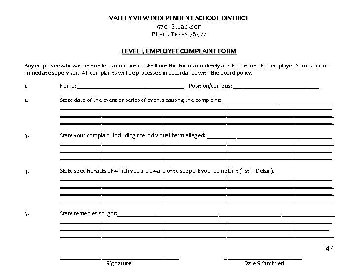 VALLEY VIEW INDEPENDENT SCHOOL DISTRICT 9701 S. Jackson Pharr, Texas 78577 LEVEL I, EMPLOYEE