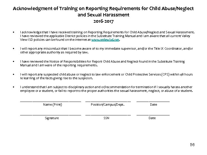 Acknowledgment of Training on Reporting Requirements for Child Abuse/Neglect and Sexual Harassment 2016 -2017