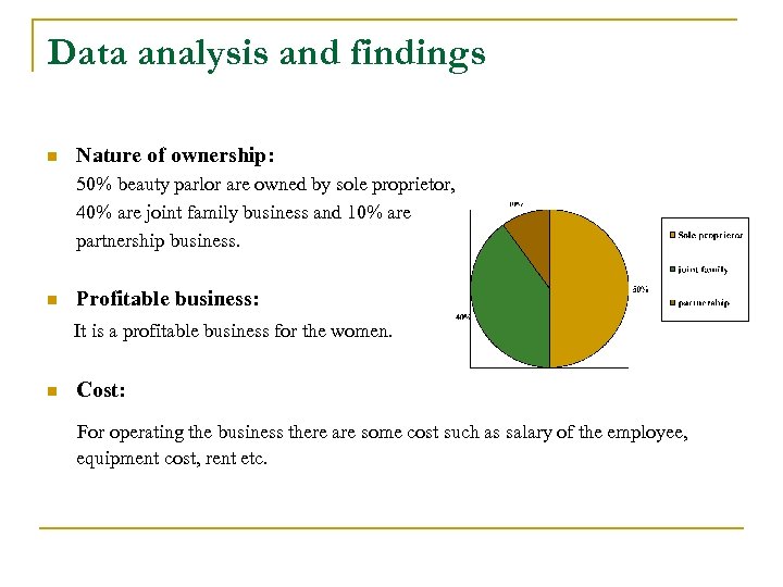 Data analysis and findings n Nature of ownership: 50% beauty parlor are owned by