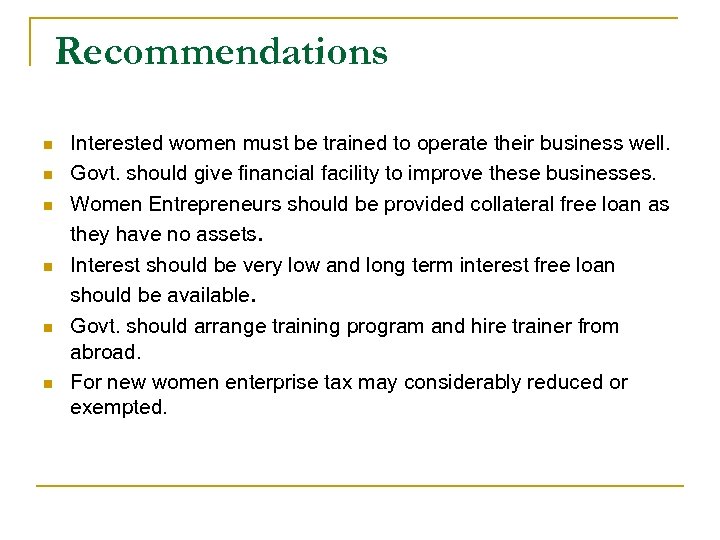 Recommendations n n n Interested women must be trained to operate their business well.