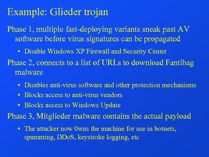 Example: Glieder trojan Phase 1, multiple fast-deploying variants sneak past AV software before virus