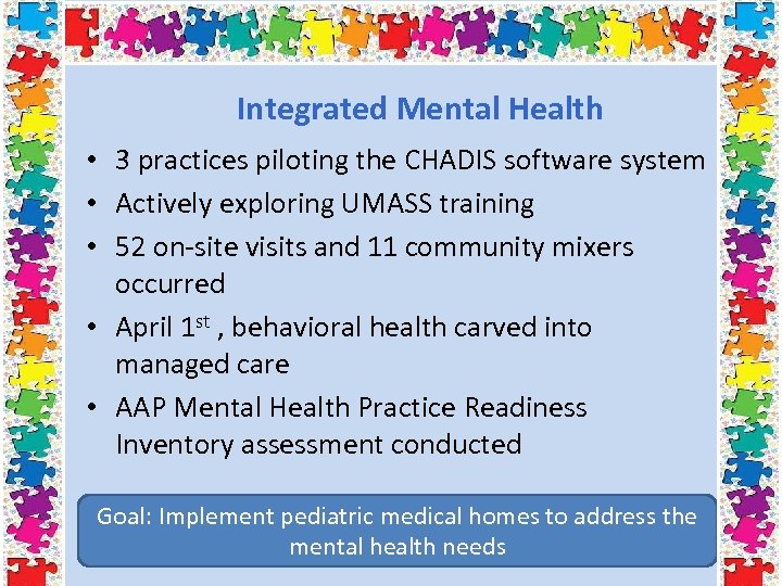 Integrated Mental Health • 3 practices piloting the CHADIS software system • Actively exploring
