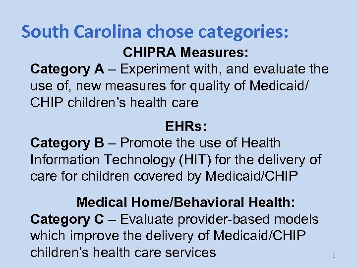 South Carolina chose categories: CHIPRA Measures: Category A – Experiment with, and evaluate the