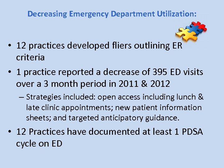 Decreasing Emergency Department Utilization: • 12 practices developed fliers outlining ER criteria • 1