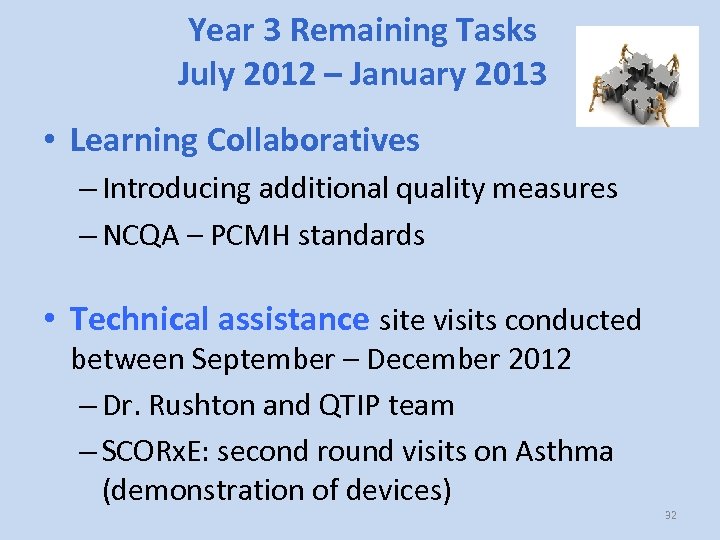 Year 3 Remaining Tasks July 2012 – January 2013 • Learning Collaboratives – Introducing