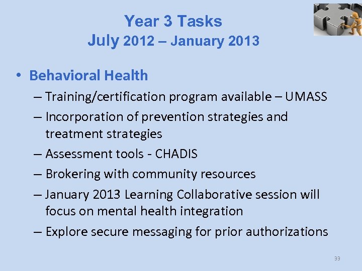 Year 3 Tasks July 2012 – January 2013 • Behavioral Health – Training/certification program