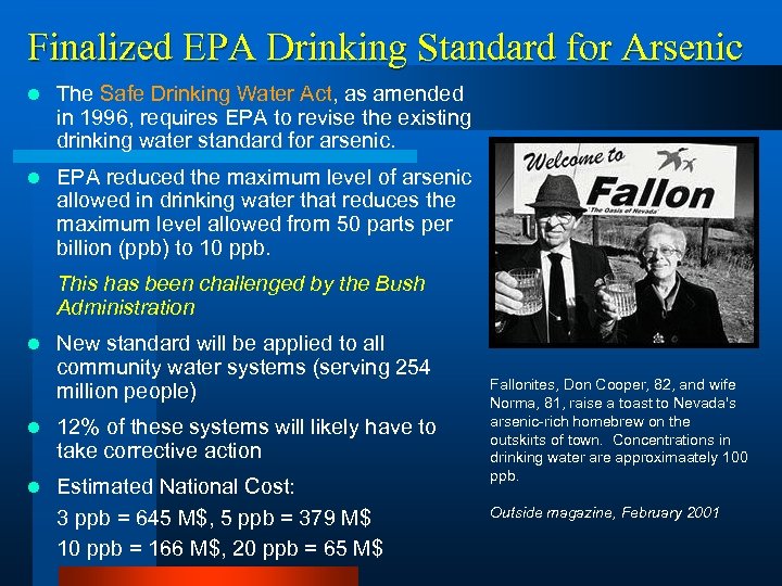 Finalized EPA Drinking Standard for Arsenic l The Safe Drinking Water Act, as amended