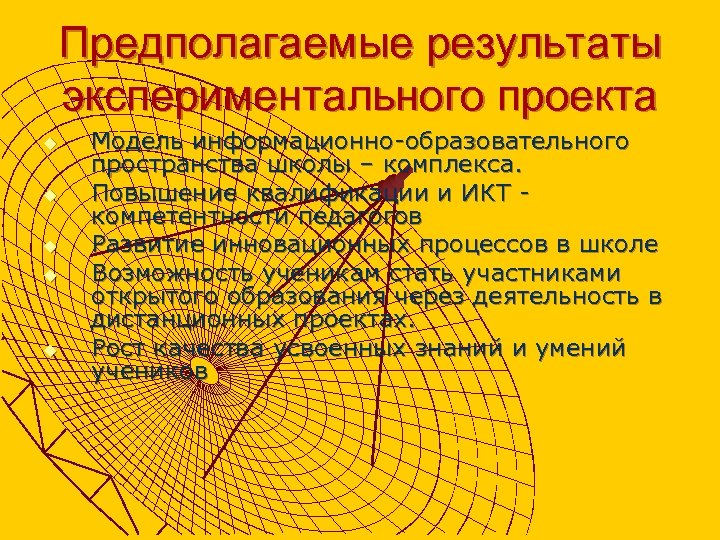 Предполагаемые результаты экспериментального проекта u u u Модель информационно-образовательного пространства школы – комплекса. Повышение