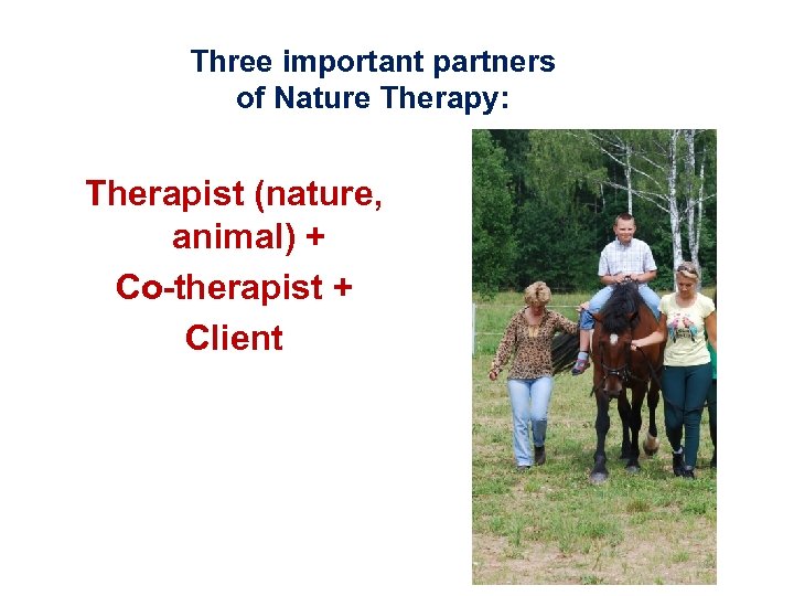 Three important partners of Nature Therapy: Therapist (nature, animal) + Co-therapist + Client 