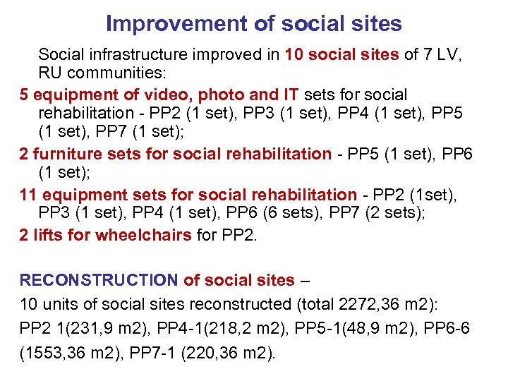 Improvement of social sites Social infrastructure improved in 10 social sites of 7 LV,