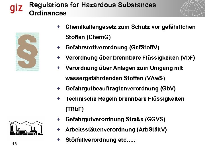 Regulations for Hazardous Substances Ordinances + Chemikaliengesetz zum Schutz vor gefährlichen Stoffen (Chem. G)